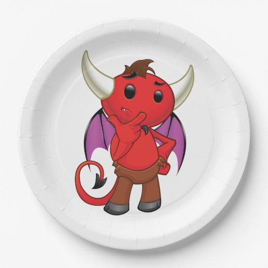 Cute Red Devil Character Thinking Mischievous Pappteller (Vorderseite)