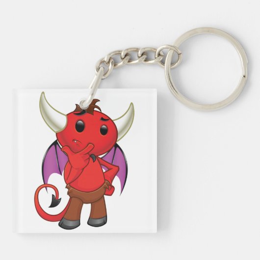 Cute Red Devil Character Thinking Mischievous Schlüsselanhänger (Rückseite)