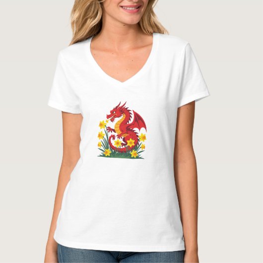 Cute Red Dragon And Daffodils T-Shirt (Vorderseite)
