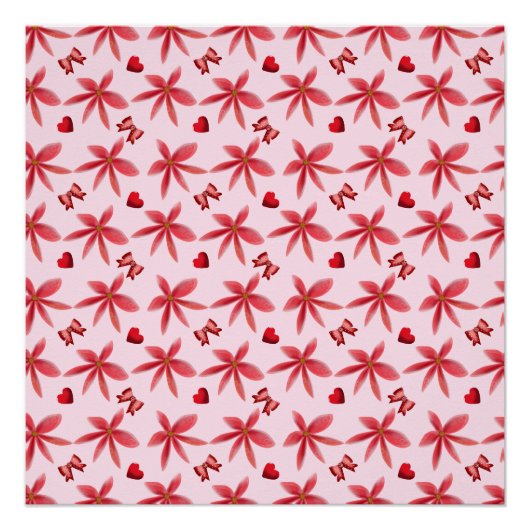 Cute Red Floral Heart Pattern Seamless Girly  Poster (Vorderseite)