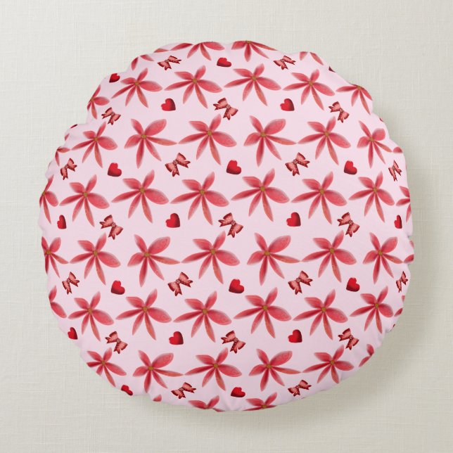 Cute Red Floral Heart Pattern Seamless Girly  Rundes Kissen (Vorderseite)