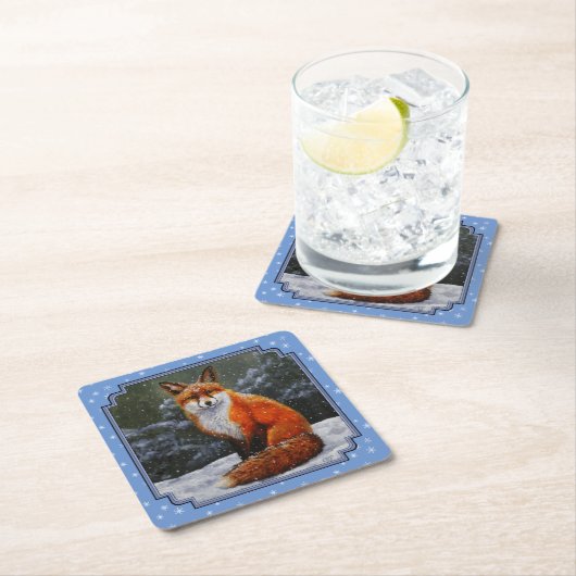 Cute Red Fox in Winter Snow Rechteckiger Pappuntersetzer (Vor Ort)