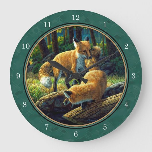 Cute Red Fox Pups Playing Große Wanduhr (Vorderseite)