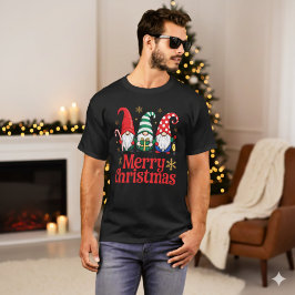 Cute Red Green Whimsical Gnome Merry Christmas T-Shirt