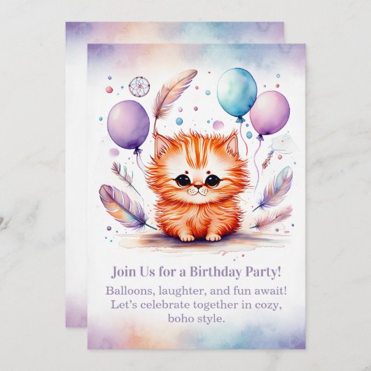 Cute Red Kitten Birthday Invitation Pastel Boho  Einladung (Vorne/Hinten)