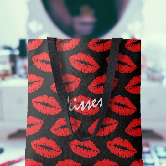 Cute Red Lipstick Kiss Lips Pattern Black Custom Tasche