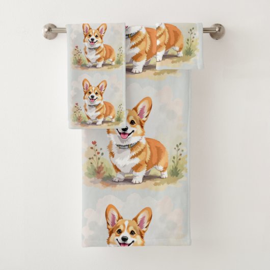 Cute Red Pembroke Welsh Corgi Dog Badhandtuch Set (Insitu)