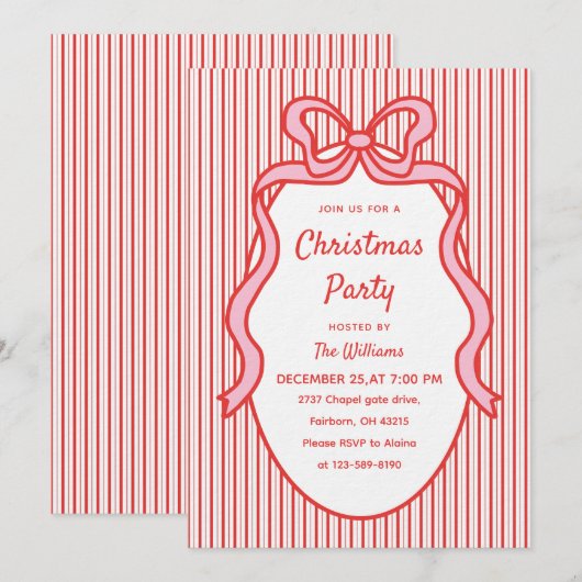 Cute Red Pink Stripes & Bow Frame Christmas  Einladung (Vorne/Hinten)