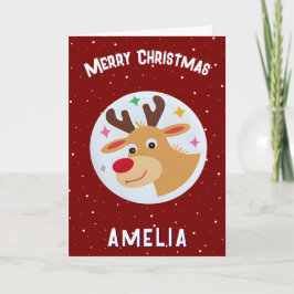 Cute Red Reindeer Kid`s Name Merry Christmas Karte