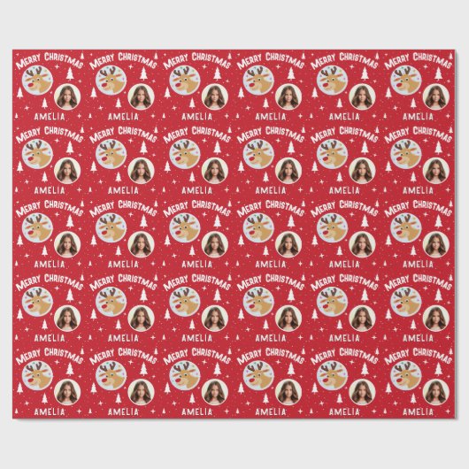 Cute Red Reindeer Kid`s Name Photo Merry Christmas Geschenkpapier (Flach)