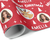 Cute Red Reindeer Kid`s Name Photo Merry Christmas Geschenkpapier (Rolleneckpunkt)