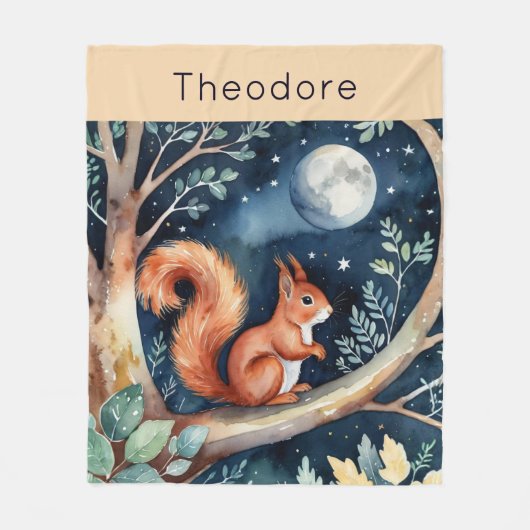 Cute Red Squirrel Moonlit Night Sky Personalized Fleecedecke (Vorderseite)