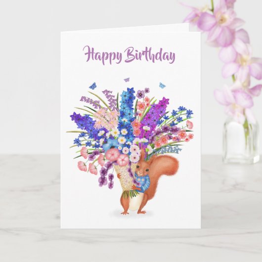 Cute red squirrel with flowers birthday card karte (Orchidee)