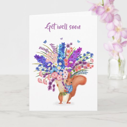 Cute red squirrel with flowers Get Well card Karte (Orchidee)