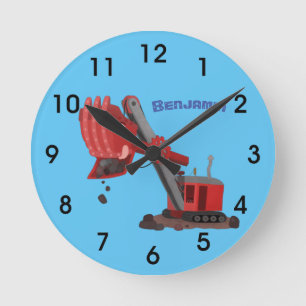 Cute red steam shovel digger cartoon illustration runde wanduhr
