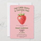 Cute Red Watercolor Strawberry First Birthday Einladung (Vorderseite)
