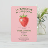 Cute Red Watercolor Strawberry First Birthday Einladung (Stehend Vorderseite)