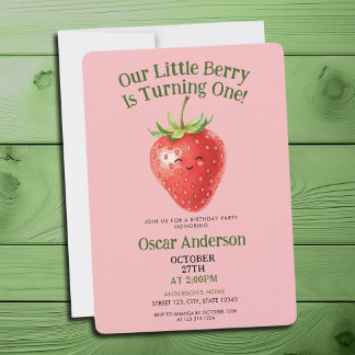 Cute Red Watercolor Strawberry First Birthday Einladung