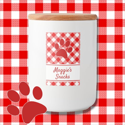 Cute Red White Gingham Checkered Pattern Paw Name Lebensmitteletikett