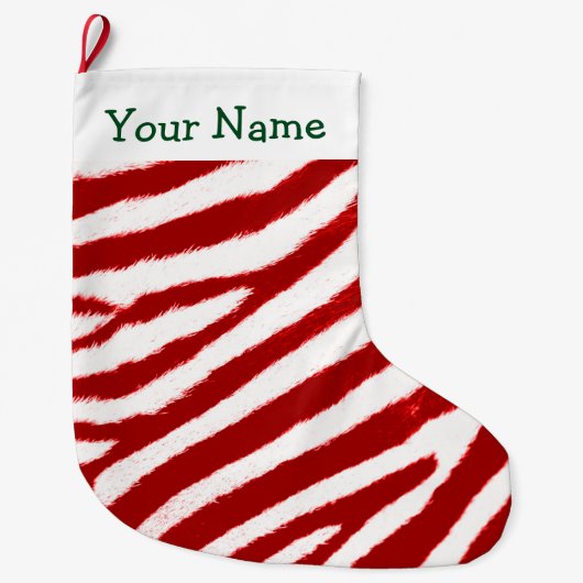 Cute Red Zebra Stripe Pattern Add Your Name Großer Weihnachtsstrumpf (Vorderseite)