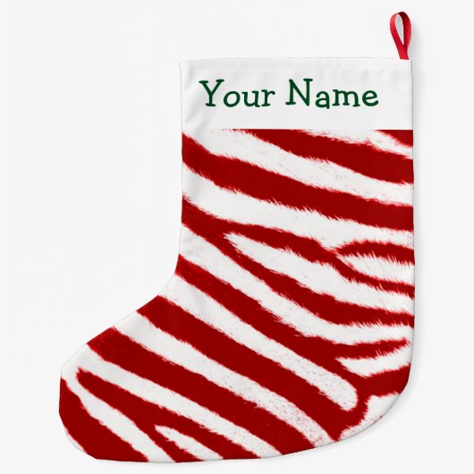 Cute Red Zebra Stripe Pattern Add Your Name Großer Weihnachtsstrumpf (Rückseite)