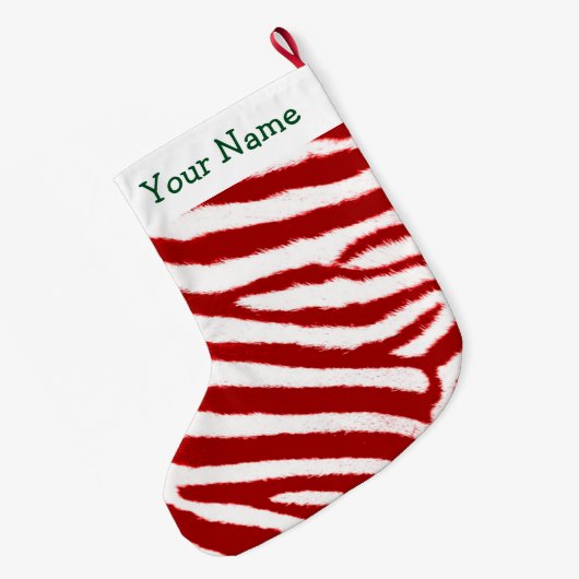 Cute Red Zebra Stripe Pattern Add Your Name Großer Weihnachtsstrumpf (Rückseite (Hängend))