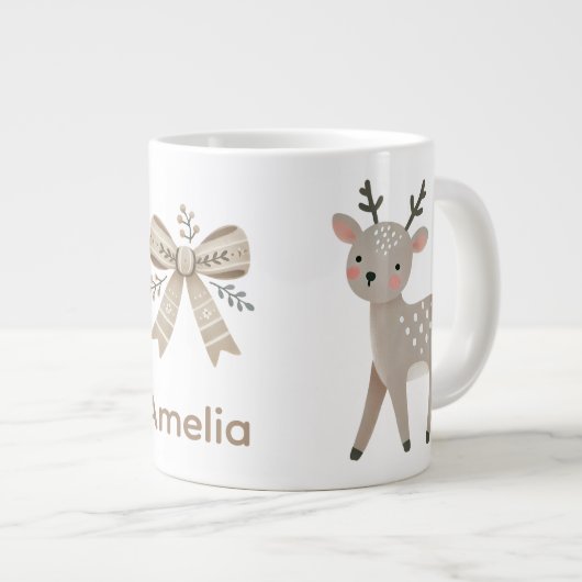 Cute Reindeer & Bow Drawing Christmas Name Jumbo-Tasse (Vorderseite Rechts)