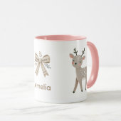 Cute Reindeer & Bow Drawing Christmas Name Tasse (VorderseiteRechts)