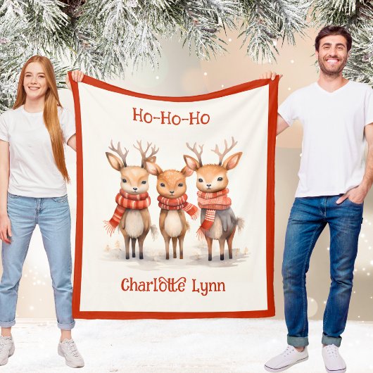 Cute Reindeer Christmas Blanket for Kids With Name Fleecedecke