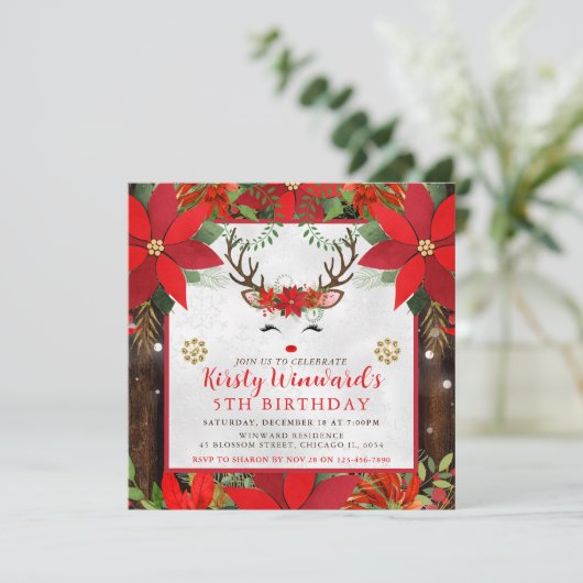 Cute Reindeer Christmas Poinsettia 5th Birthday Einladung (Stehend Vorderseite)