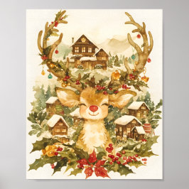 Cute Reindeer Christmas Vintage Watercolor  Poster