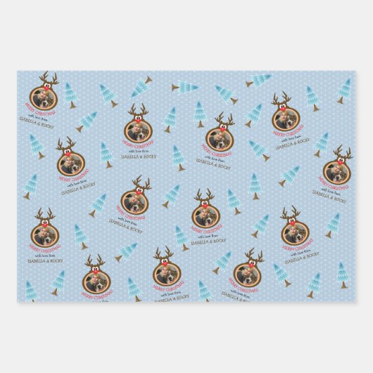 Cute Reindeer Custom Photo Frame Blue Geschenkpapier Set (Vorderseite)