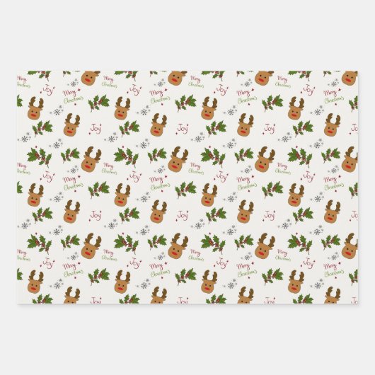 Cute Reindeer & Holly Christmas Pattern Geschenkpapier Set (Vorderseite 3)