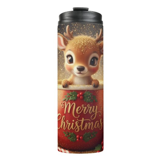 Cute Reindeer in a Merry Christmas Mug Thermosbecher (Vorderseite)