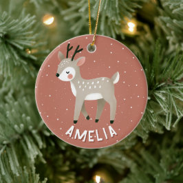 Cute Reindeer Kid`s Name Christmas Keramik Ornament