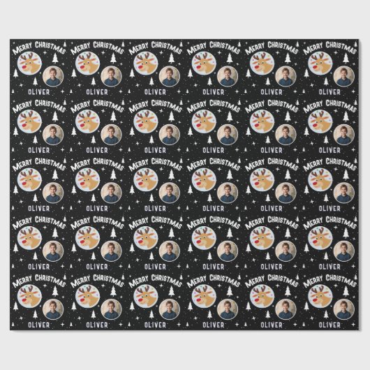 Cute Reindeer Kid`s Name Photo Christmas Geschenkpapier (Flach)
