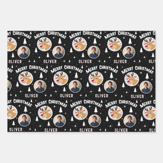 Cute Reindeer Kid`s Name Photo Christmas Geschenkpapier Set (Vorderseite)