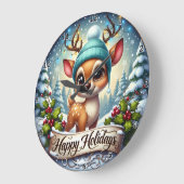 Cute Reindeer Lights Happy Holidays Große Wanduhr (Winkel)