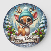 Cute Reindeer Lights Happy Holidays Große Wanduhr (Vorderseite)