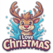Cute Reindeer Mascot With 'I Love Christmas' Text Aufkleber (Vorderseite)