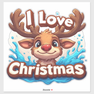 Cute Reindeer Mascot With 'I Love Christmas' Text Aufkleber