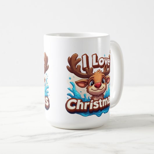 Cute Reindeer Mascot With 'I Love Christmas' Text Kaffeetasse (VorderseiteRechts)
