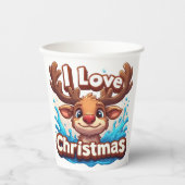 Cute Reindeer Mascot With 'I Love Christmas' Text Pappbecher (Vorderseite)