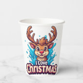 Cute Reindeer Mascot With 'I Love Christmas' Text Pappbecher (Rückseite)