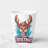 Cute Reindeer Mascot With 'I Love Christmas' Text Pappbecher (Vorderseite)