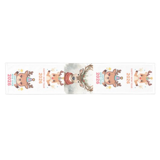 cute reindeer new year 2026 table runner kurzer tischläufer (Horizontal)