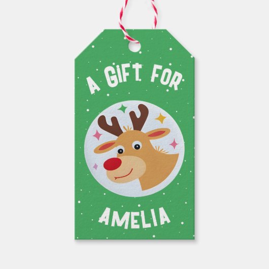 Cute Reindeer Snowflakes Kid`s Name Christmas Geschenkanhänger (Vorderseite)