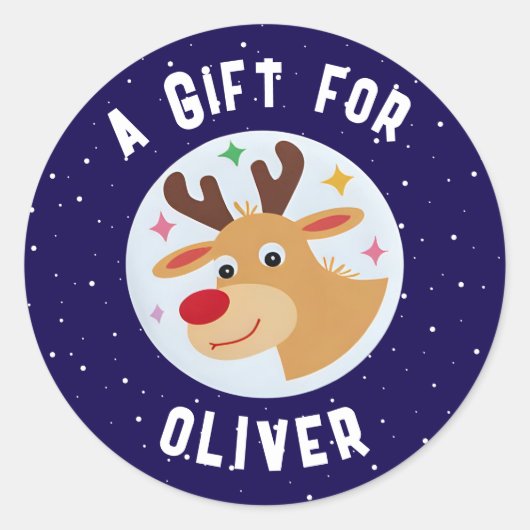 Cute Reindeer Snowflakes Kid`s Name Christmas Runder Aufkleber (Vorderseite)