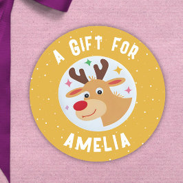Cute Reindeer Snowflakes Kid`s Name Christmas  Runder Aufkleber