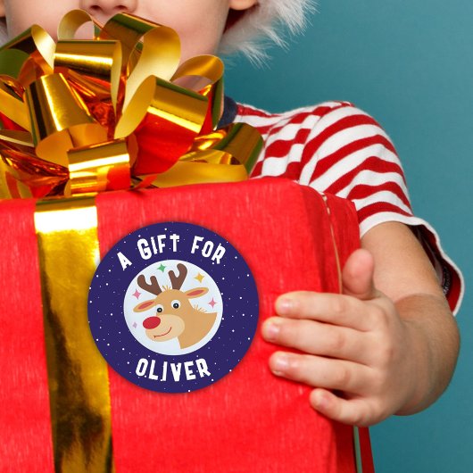 Cute Reindeer Snowflakes Kid`s Name Christmas  Runder Aufkleber